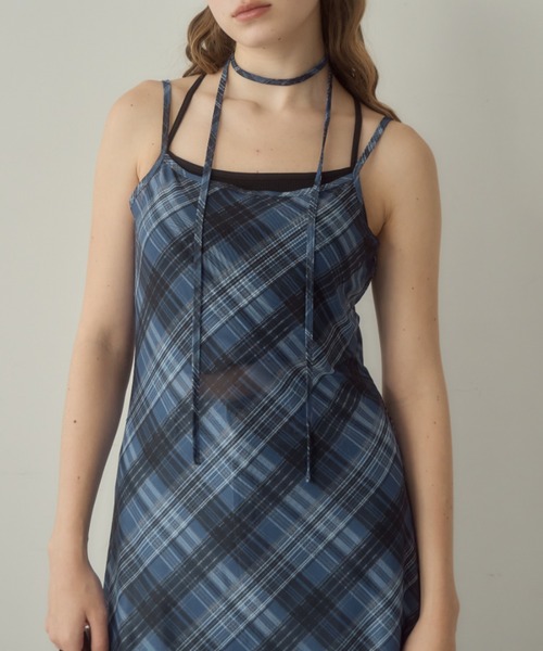 Birthday room（バースデイルーム）の「チョーカー付きチェックパターンシアーキャミワンピース/checkerd sheer camisole onepiece（ワンピース・レディース・レッド/ミント/ブルー・FREE）」の4枚目の写真