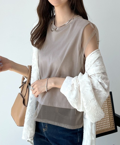 Futier land(フューティアランド)の「【新色追加】レイヤードシアーチュールノースリトップス(Tシャツ/カットソー・レディース・ブラック/グレー/ホワイト/ピンク・MEDIUM/LARGE/X-LARGE)」の3枚目の写真