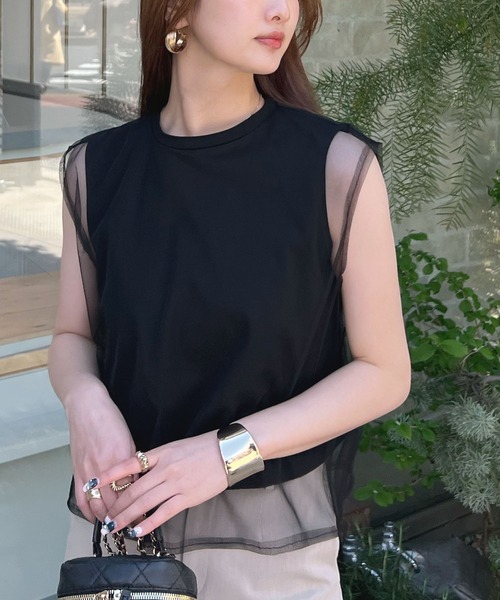 Futier land(フューティアランド)の「【新色追加】レイヤードシアーチュールノースリトップス(Tシャツ/カットソー・レディース・ブラック/グレー/ホワイト/ピンク・MEDIUM/LARGE/X-LARGE)」の2枚目の写真