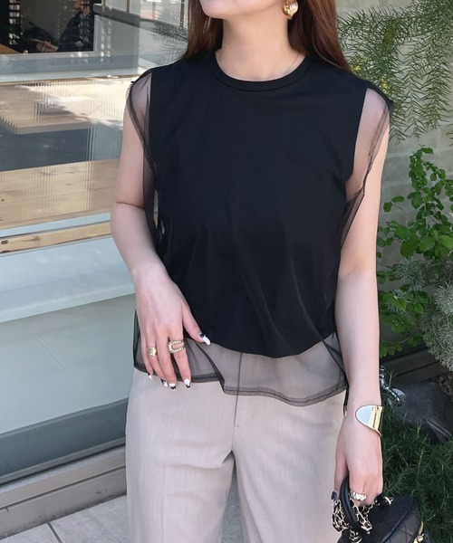 Futier land(フューティアランド)の「【新色追加】レイヤードシアーチュールノースリトップス(Tシャツ/カットソー・レディース・ブラック/グレー/ホワイト/ピンク・MEDIUM/LARGE/X-LARGE)」の5枚目の写真