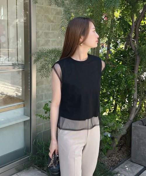 Futier land(フューティアランド)の「【新色追加】レイヤードシアーチュールノースリトップス(Tシャツ/カットソー・レディース・ブラック/グレー/ホワイト/ピンク・MEDIUM/LARGE/X-LARGE)」の6枚目の写真