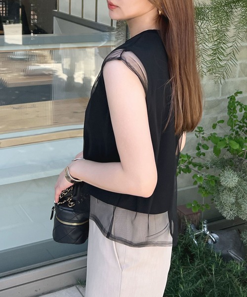 Futier land(フューティアランド)の「【新色追加】レイヤードシアーチュールノースリトップス(Tシャツ/カットソー・レディース・ブラック/グレー/ホワイト/ピンク・MEDIUM/LARGE/X-LARGE)」の7枚目の写真