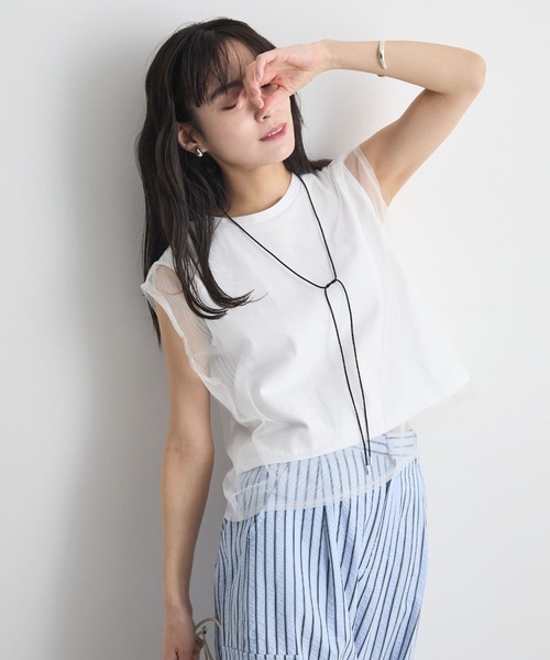 Futier land(フューティアランド)の「フレンチスリーブチュールレイヤードトップス(Tシャツ/カットソー・レディース・ブラック/グレー/ホワイト/ピンク・MEDIUM/LARGE/X-LARGE)」の5枚目の写真
