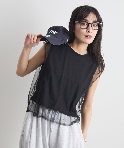 Futier land(フューティアランド)の「フレンチスリーブチュールレイヤードトップス(Tシャツ/カットソー・レディース・ブラック/グレー/ホワイト/ピンク・MEDIUM/LARGE/X-LARGE)」の6枚目の写真