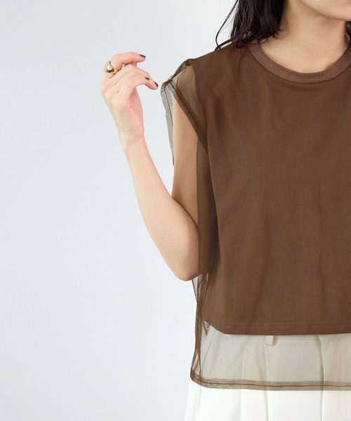 Futier land(フューティアランド)の「【新色追加】Tシャツ感覚で着映える。チュールレイヤードトップス / シアートップス・ノースリーブ(Tシャツ/カットソー・レディース・ブラック/グレー/ホワイト/ピンク/ブラウン・MEDIUM/LARGE/X-LARGE)」の9枚目の写真
