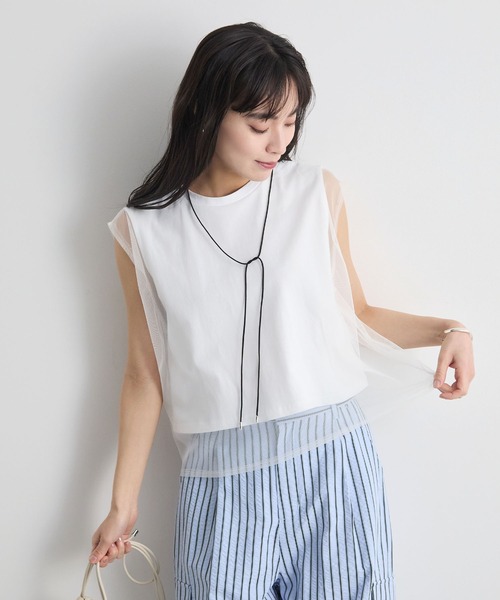 Futier land(フューティアランド)の「フレンチスリーブチュールレイヤードトップス(Tシャツ/カットソー・レディース・ブラック/グレー/ホワイト/ピンク・MEDIUM/LARGE/X-LARGE)」の9枚目の写真