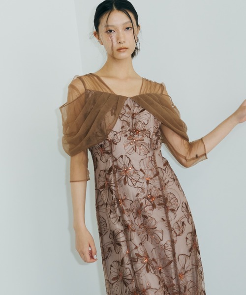 【2025新作】美品/andresd/チュールドレープスパンコールドレスイエロー tulle drape spangle dress / チュールドレープスパンコール