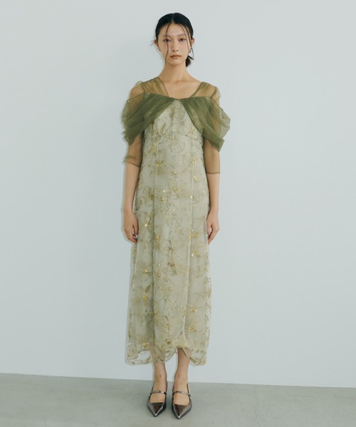 新品未使用 NEEDLE&THREAD スパンコール チュール ドレス UK8 チュールドレープスパンコールドレス / tulle drape spangle