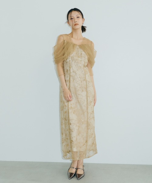 【2025新作】美品/andresd/チュールドレープスパンコールドレスイエロー tulle drape spangle dress / チュールドレープスパンコール