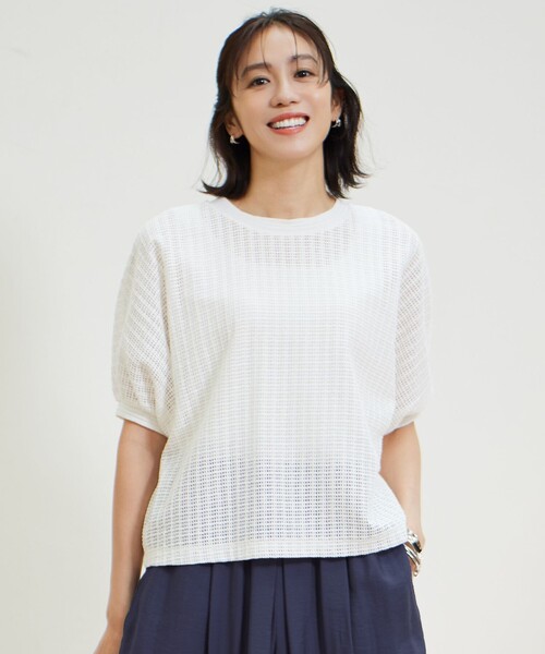 自由区(ジユウク)の「チェックジャカード カットソー(Tシャツ/カットソー・レディース・アイボリー系/グレー系/ダルブルー系・38)」の1枚目の写真
