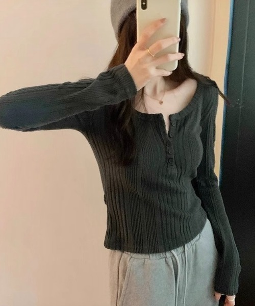 LADY LIKE(レディライク)の「ランダムストライプモール素材ヘンリーネックトップス(Tシャツ/カットソー・レディース・ネイビー/ベージュ/ダークグレー/ピンク・M)」の20枚目の写真