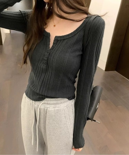 LADY LIKE(レディライク)の「ランダムストライプモール素材ヘンリーネックトップス(Tシャツ/カットソー・レディース・ネイビー/ベージュ/ダークグレー/ピンク・M)」の21枚目の写真