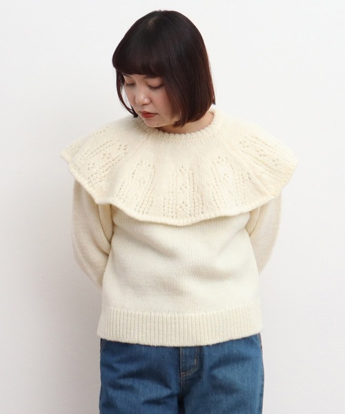 Dot&Stripes CHILD WOMAN(ドットアンドストライプス チャイルドウーマン)の「1/3Wool 透かし編みケープ襟プルオーバー(ニット/セーター・レディース・アイボリー/ネイビー・FREE)」の15枚目の写真