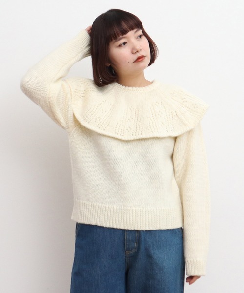 Dot&Stripes CHILD WOMAN(ドットアンドストライプス チャイルドウーマン)の「1/3Wool 透かし編みケープ襟プルオーバー(ニット/セーター・レディース・アイボリー/ネイビー・FREE)」の14枚目の写真