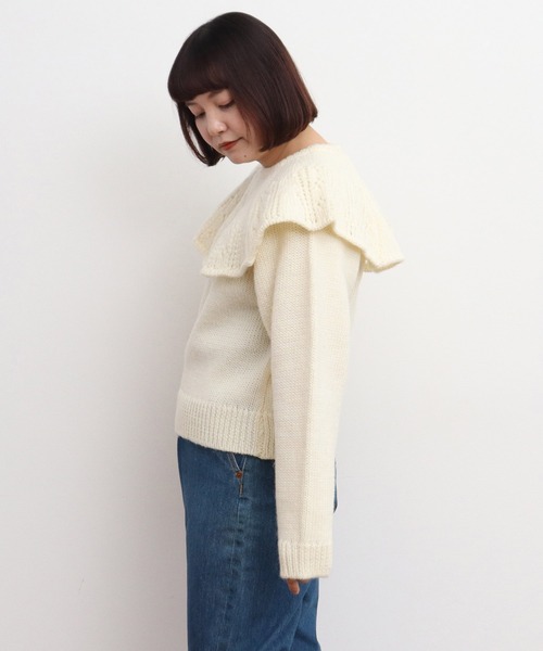 Dot&Stripes CHILD WOMAN(ドットアンドストライプス チャイルドウーマン)の「1/3Wool 透かし編みケープ襟プルオーバー(ニット/セーター・レディース・アイボリー/ネイビー・FREE)」の16枚目の写真