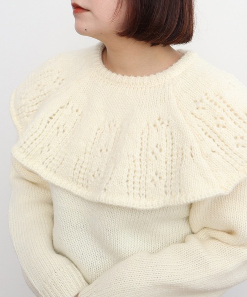 Dot&Stripes CHILD WOMAN(ドットアンドストライプス チャイルドウーマン)の「1/3Wool 透かし編みケープ襟プルオーバー(ニット/セーター・レディース・アイボリー/ネイビー・FREE)」の18枚目の写真