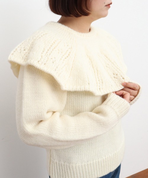 Dot&Stripes CHILD WOMAN(ドットアンドストライプス チャイルドウーマン)の「1/3Wool 透かし編みケープ襟プルオーバー(ニット/セーター・レディース・アイボリー/ネイビー・FREE)」の19枚目の写真