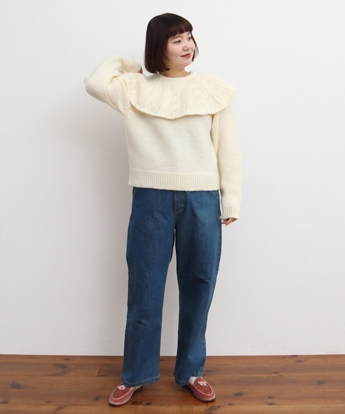 Dot&Stripes CHILD WOMAN(ドットアンドストライプス チャイルドウーマン)の「1/3Wool 透かし編みケープ襟プルオーバー(ニット/セーター・レディース・アイボリー/ネイビー・FREE)」の20枚目の写真