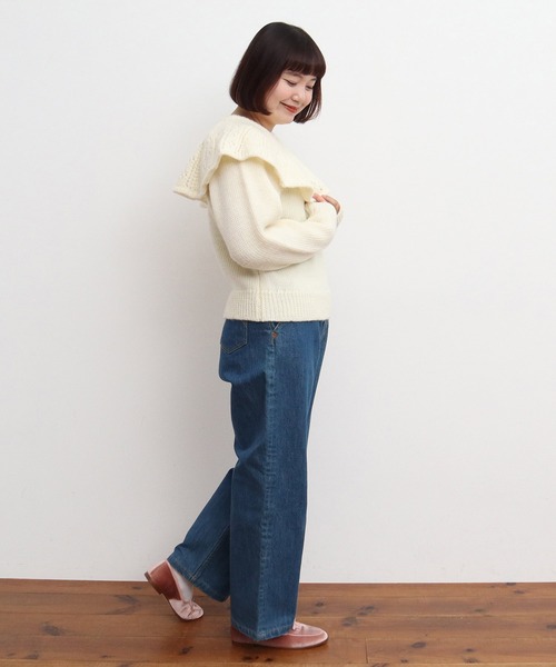 Dot&Stripes CHILD WOMAN(ドットアンドストライプス チャイルドウーマン)の「1/3Wool 透かし編みケープ襟プルオーバー(ニット/セーター・レディース・アイボリー/ネイビー・FREE)」の21枚目の写真