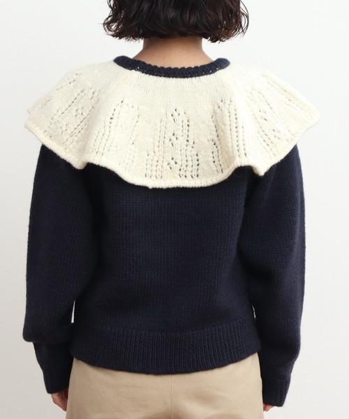 Dot&Stripes CHILD WOMAN(ドットアンドストライプス チャイルドウーマン)の「1/3Wool 透かし編みケープ襟プルオーバー(ニット/セーター・レディース・アイボリー/ネイビー・FREE)」の9枚目の写真
