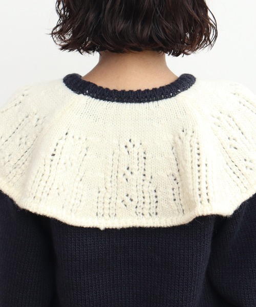 Dot&Stripes CHILD WOMAN(ドットアンドストライプス チャイルドウーマン)の「1/3Wool 透かし編みケープ襟プルオーバー(ニット/セーター・レディース・アイボリー/ネイビー・FREE)」の11枚目の写真