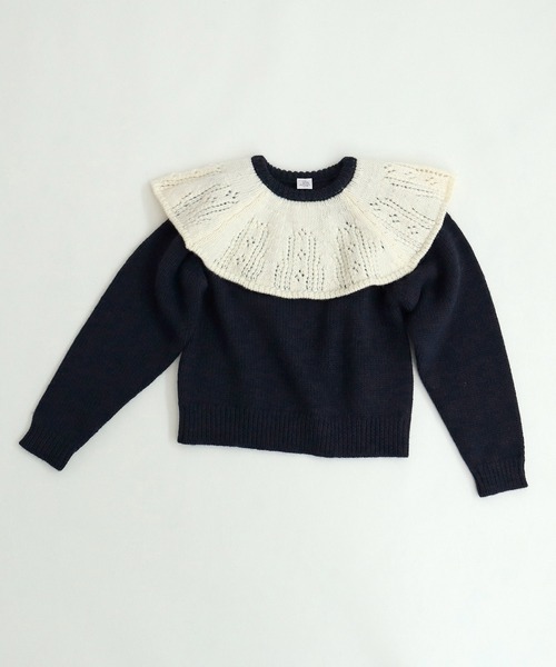 Dot&Stripes CHILD WOMAN(ドットアンドストライプス チャイルドウーマン)の「1/3Wool 透かし編みケープ襟プルオーバー(ニット/セーター・レディース・アイボリー/ネイビー・FREE)」の5枚目の写真