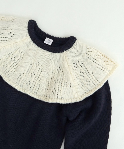 Dot&Stripes CHILD WOMAN(ドットアンドストライプス チャイルドウーマン)の「1/3Wool 透かし編みケープ襟プルオーバー(ニット/セーター・レディース・アイボリー/ネイビー・FREE)」の6枚目の写真