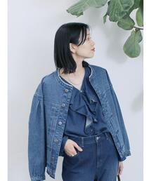 Samansa Mos2 blue | 【ECO DENIM 】 ノーカラーブルゾン(ブルゾン)
