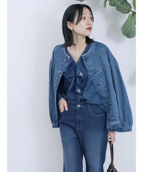 Samansa Mos2 blue（サマンサモスモスブルー）の「【ECO DENIM 】 ノーカラーブルゾン（ブルゾン・レディース・ブルー/チャコールグレー/ブラウン・F）」の16枚目の写真