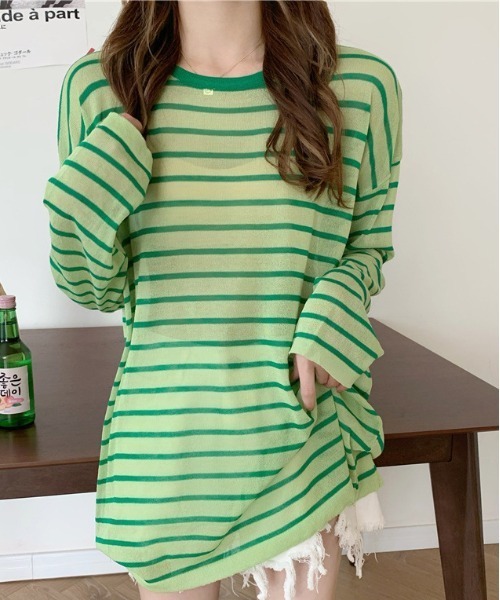 セール】万能 シースルー ボーダー ニット 長袖プルオーバー トップス