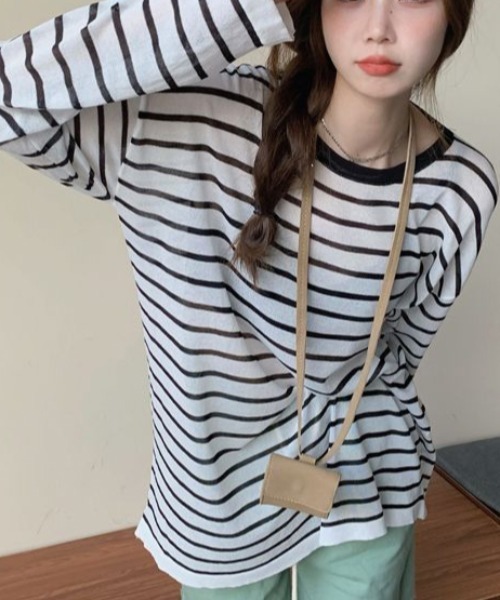 セール】万能 シースルー ボーダー ニット 長袖プルオーバー トップス