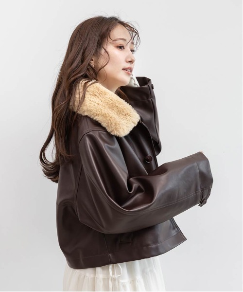 RANDA（ランダ）の「2WAY ファー襟付きフェイクレザージャケット（ブルゾン・レディース・ブラウン/ブラック/アイボリー・FT/FREE）」の8枚目の写真