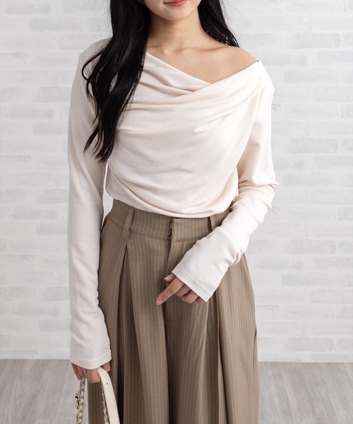 セール】ドレープデザイン長袖カットソートップス[カジュアル 着