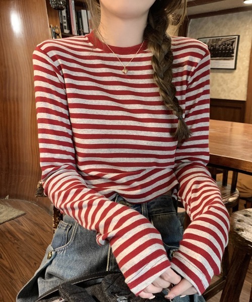 SallyLunn(サリーラン)の「クロップドボーダートップス(Tシャツ/カットソー・レディース・ブラック/レッド・LARGE/MEDIUM)」の5枚目の写真