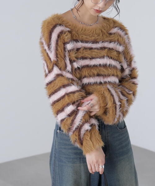 FREE'S MART(フリーズマート)の「◆シャギーボーダークロップドニット(ニット/セーター・レディース・ベージュ/ボルドー/ブラウン・FREE)」の1枚目の写真