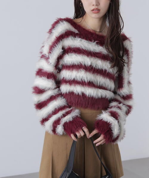 FREE'S MART(フリーズマート)の「◆シャギーボーダークロップドニット(ニット/セーター・レディース・ベージュ/ボルドー/ブラウン・FREE)」の3枚目の写真