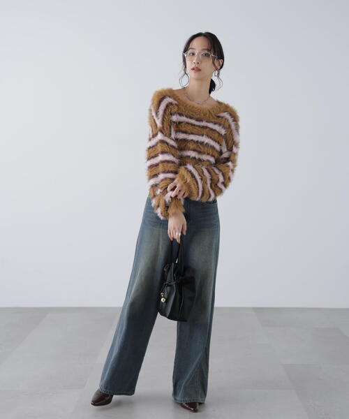 FREE'S MART(フリーズマート)の「◆シャギーボーダークロップドニット(ニット/セーター・レディース・ベージュ/ボルドー/ブラウン・FREE)」の5枚目の写真