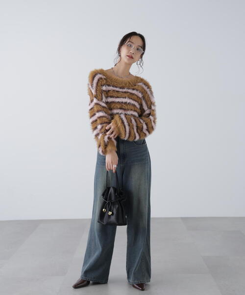 FREE'S MART(フリーズマート)の「◆シャギーボーダークロップドニット(ニット/セーター・レディース・ベージュ/ボルドー/ブラウン・FREE)」の6枚目の写真