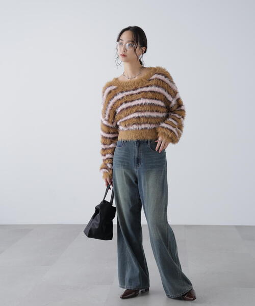 FREE'S MART(フリーズマート)の「◆シャギーボーダークロップドニット(ニット/セーター・レディース・ベージュ/ボルドー/ブラウン・FREE)」の8枚目の写真