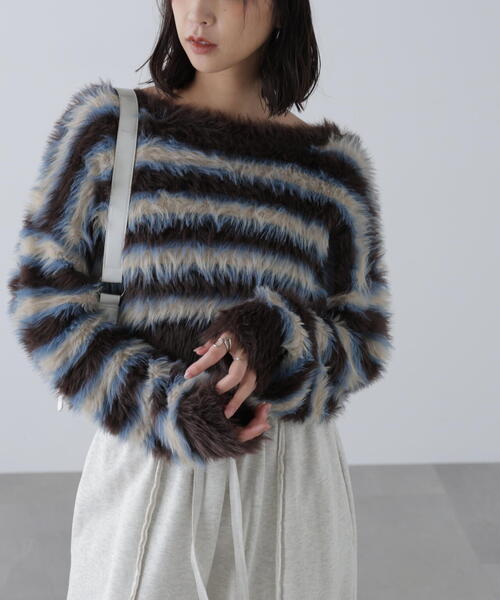 FREE'S MART(フリーズマート)の「◆シャギーボーダークロップドニット(ニット/セーター・レディース・ベージュ/ボルドー/ブラウン・FREE)」の18枚目の写真