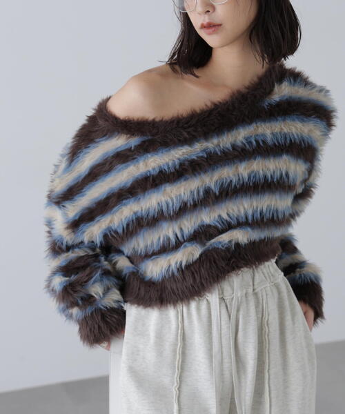 FREE'S MART(フリーズマート)の「◆シャギーボーダークロップドニット(ニット/セーター・レディース・ベージュ/ボルドー/ブラウン・FREE)」の19枚目の写真