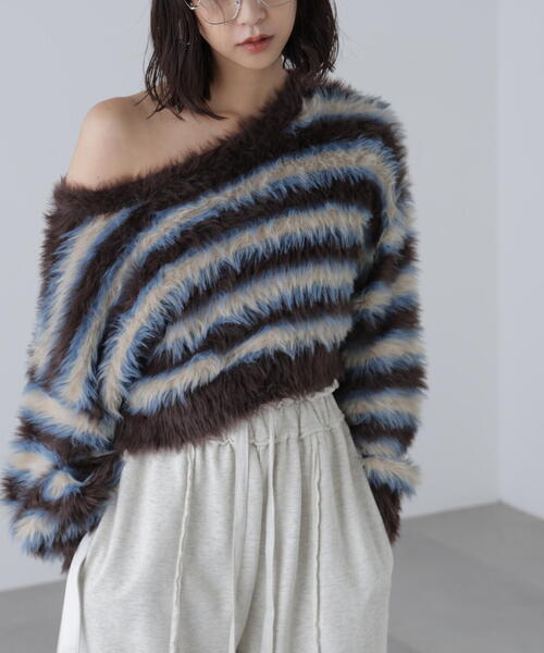 FREE'S MART(フリーズマート)の「◆シャギーボーダークロップドニット(ニット/セーター・レディース・ベージュ/ボルドー/ブラウン・FREE)」の20枚目の写真