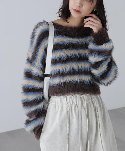 FREE'S MART(フリーズマート)の「◆シャギーボーダークロップドニット(ニット/セーター・レディース・ベージュ/ボルドー/ブラウン・FREE)」の22枚目の写真