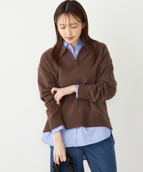 SHIPS Colors(シップス カラーズ)の「SHIPS Colors:〈手洗い可能〉フラッフィー スキッパー ニット◇(ニット/セーター・レディース・オフホワイト/オレンジ/ブラウン・ONE SIZE)」の1枚目の写真
