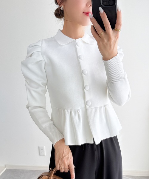 ホワイト ダブルニット ペプラムジャケット ZOZO限定】ペプラムニットジャケット（カーディガン/ボレロ