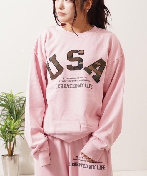 1111clothing（ワンフォークロージング）の「【セットアップ 対応】USAアップリケ ピグメントスウェット / USA Applique Pigment Sweatshirt（スウェット・メンズ・チャコールグレー/ネイビー/ピンク・M/L）」の3枚目の写真