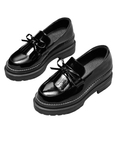 shoes365(シューズスリーシックスファイヴ)の「厚底リボンタッセルローファー(ローファー・レディース・ブラック・23.0cm/23.5cm/24.5cm/25.0cm/25.5cm)」の1枚目の写真