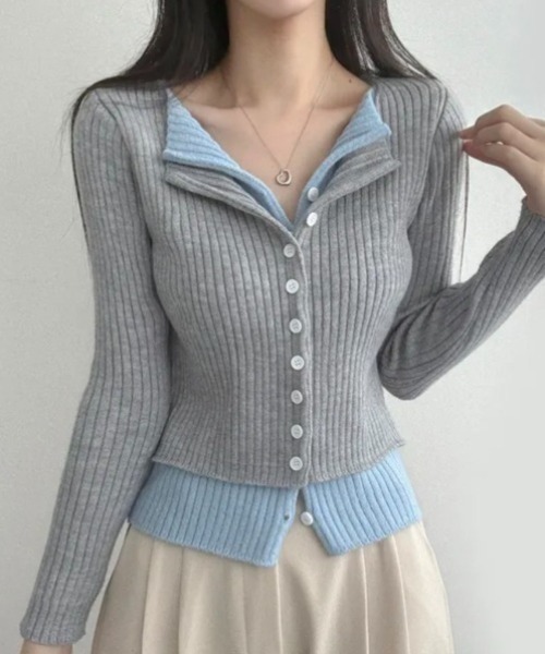 yuue' ( wear )(ユーイ)の「フェイクレイヤード配色リブカーディガン(カーディガン/ボレロ・レディース・グレー/レッド/ブラック/チャコールグレー・FREE)」の4枚目の写真