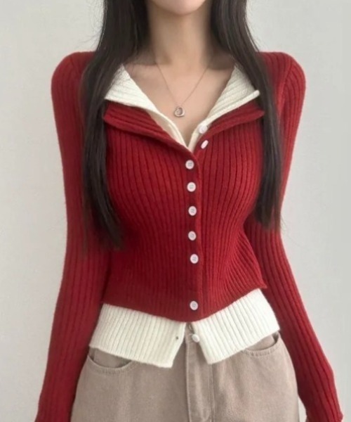 yuue' ( wear )(ユーイ)の「フェイクレイヤード配色リブカーディガン(カーディガン/ボレロ・レディース・グレー/レッド/ブラック/チャコールグレー・FREE)」の1枚目の写真