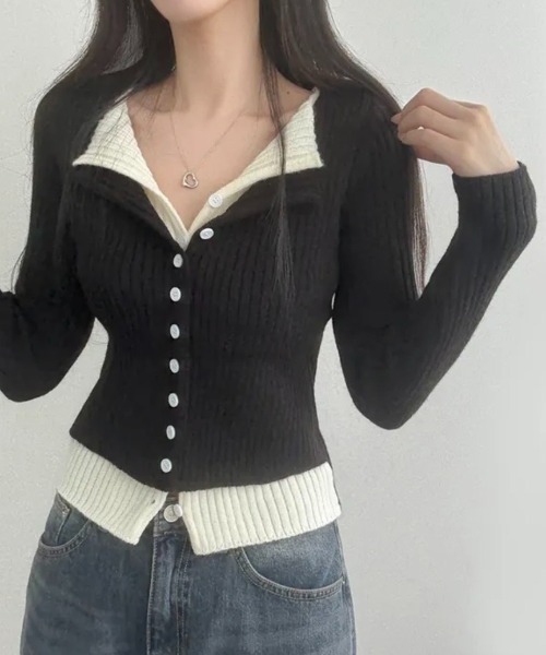 yuue' ( wear )(ユーイ)の「フェイクレイヤード配色リブカーディガン(カーディガン/ボレロ・レディース・グレー/レッド/ブラック/チャコールグレー・FREE)」の19枚目の写真